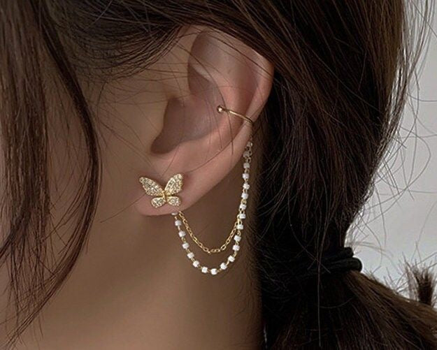 Butterfly Pearl Earcuff | Korean Earcuffs | Korean Earrings | Premium Gold Plated | Pintresty Earrings