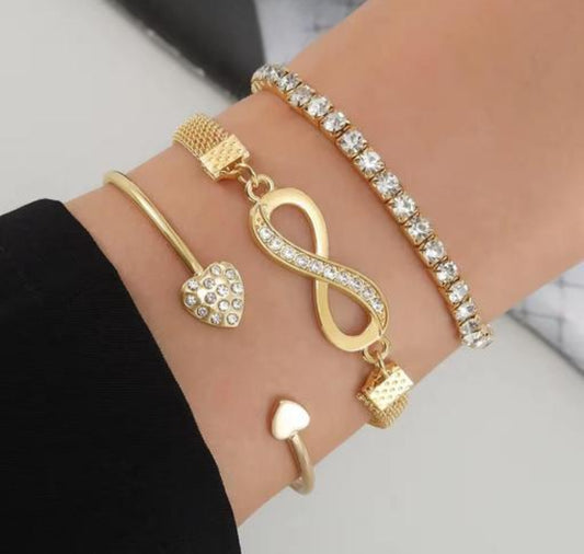 Infinity Bangle Bracelet Set (set of 3) | Korean Bracelet Set | Tennis Bracelet | Chain Bracelet | Adjustable Cuff | Premium Gold Plated