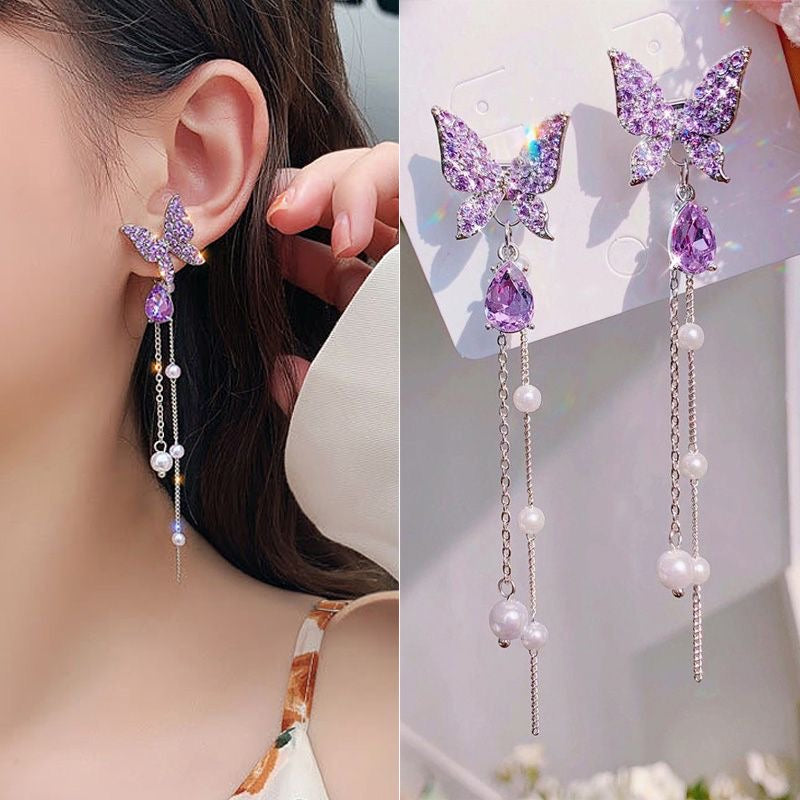 Purple Butterfly Crystal Danglers | Korean Earrings | Silver Plated | Purple Zircon | Pinteresty Earrings | Silver Danglers