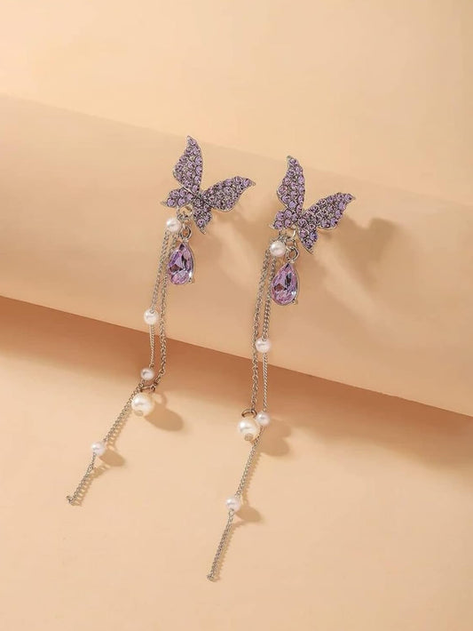 Purple Butterfly Crystal Danglers | Korean Earrings | Silver Plated | Purple Zircon | Pinteresty Earrings | Silver Danglers