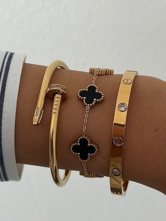 Pack of 3 Bracelets | Celestial Nail Bracelet | Black Clover Bracelet | Lovey Bracelet (Diamond Studded) | Anti-Tarnish | 18K Gold Plated | Hypoallergenic | Water-Resistant