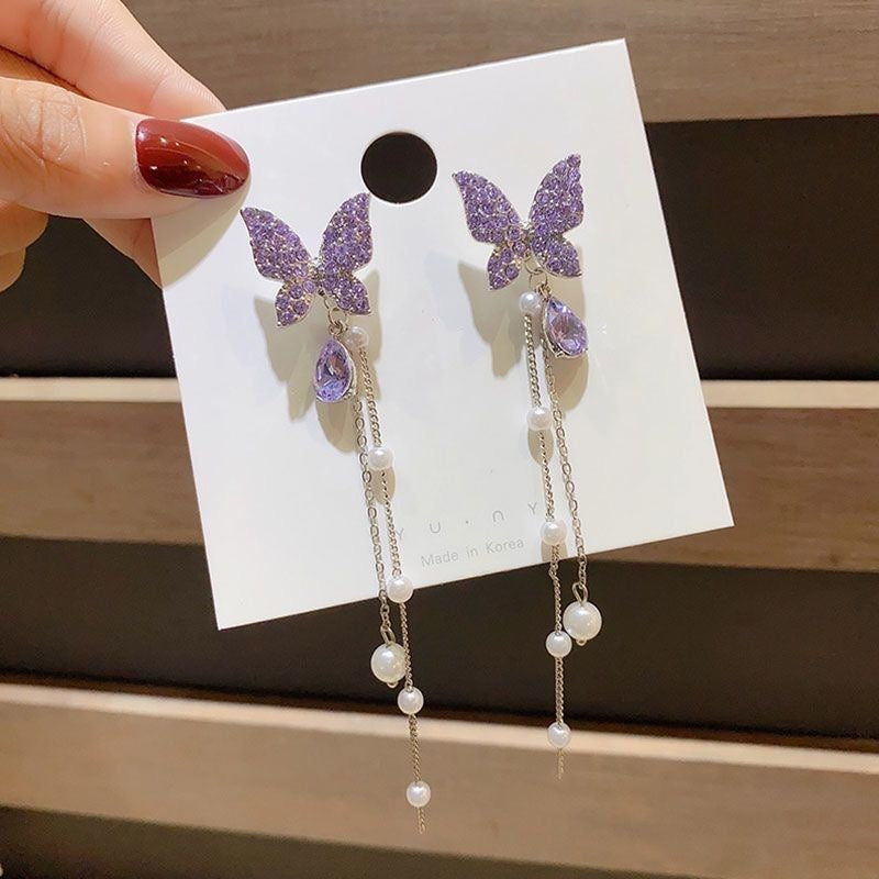 Purple Butterfly Crystal Danglers | Korean Earrings | Silver Plated | Purple Zircon | Pinteresty Earrings | Silver Danglers