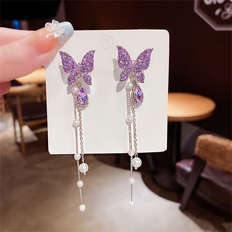 Purple Butterfly Crystal Danglers | Korean Earrings | Silver Plated | Purple Zircon | Pinteresty Earrings | Silver Danglers